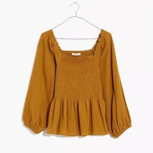 Madewell Lucie Smocked Peplum Top mustard yellow puff sleeve peasant size 6
